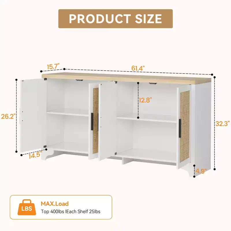 Buffet de salle à manger en rotin de 157 cm, meuble de rangement de cuisine à 4 portes avec étagères