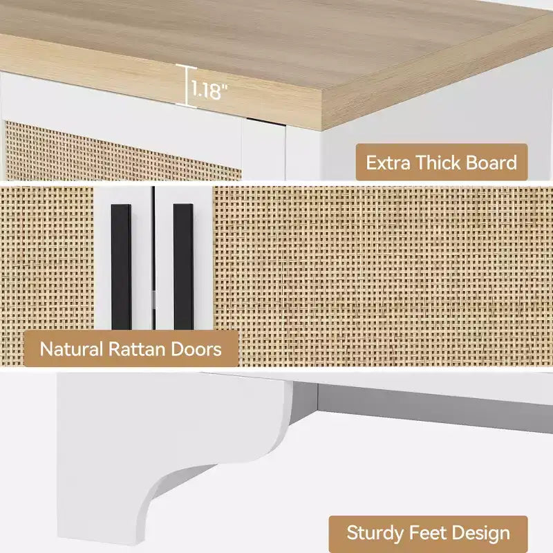 Buffet de salle à manger en rotin de 157 cm, meuble de rangement de cuisine à 4 portes avec étagères
