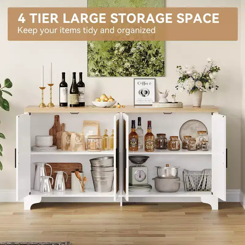 Buffet de salle à manger en rotin de 157 cm, meuble de rangement de cuisine à 4 portes avec étagères