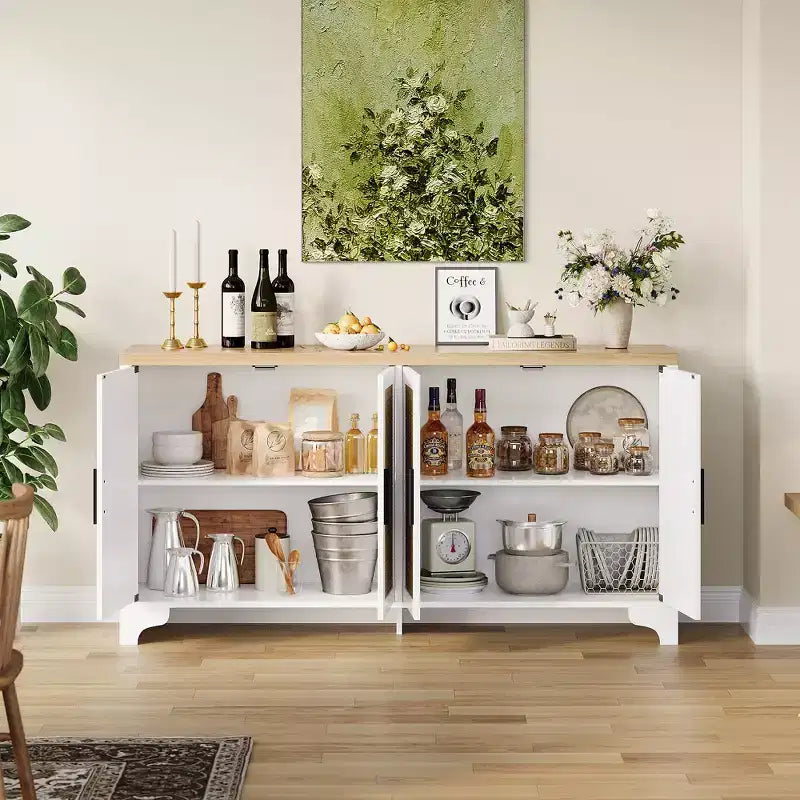 Buffet de salle à manger en rotin de 157 cm, meuble de rangement de cuisine à 4 portes avec étagères