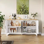 Buffet de salle à manger en rotin de 157 cm, meuble de rangement de cuisine à 4 portes avec étagères