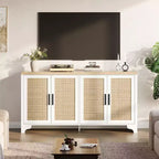 Buffet de salle à manger en rotin de 157 cm, meuble de rangement de cuisine à 4 portes avec étagères