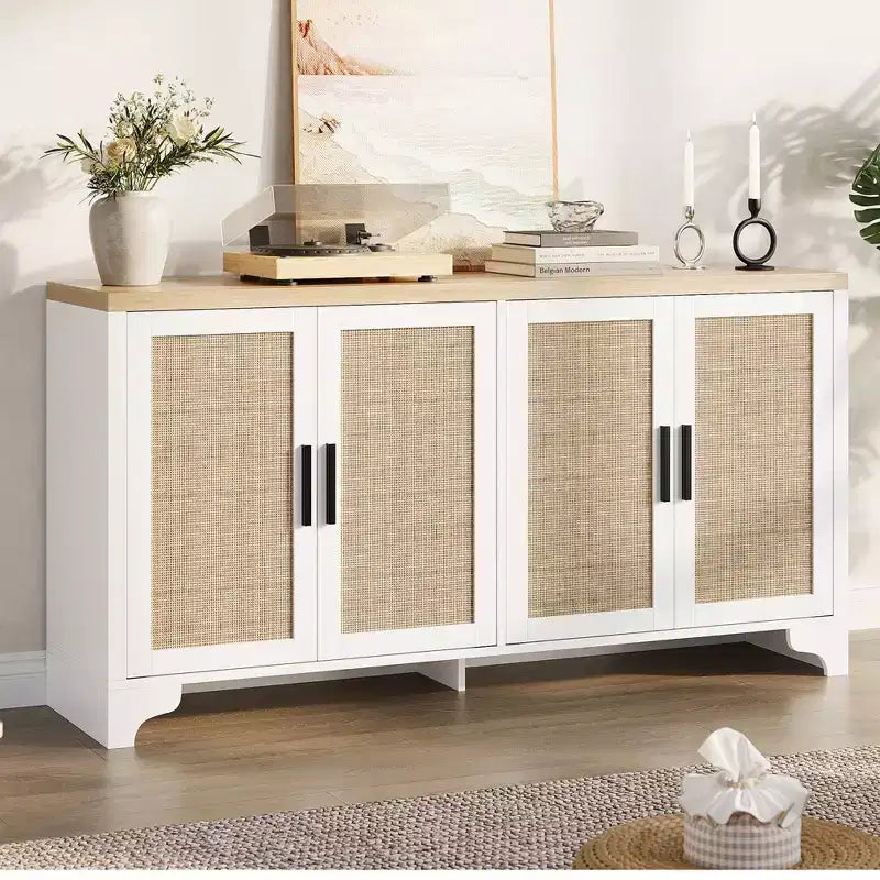 Buffet de salle à manger en rotin de 157 cm, meuble de rangement de cuisine à 4 portes avec étagères