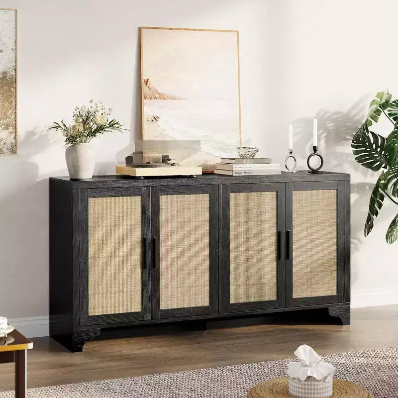 Buffet de salle à manger en rotin de 157 cm, meuble de rangement de cuisine à 4 portes avec étagères