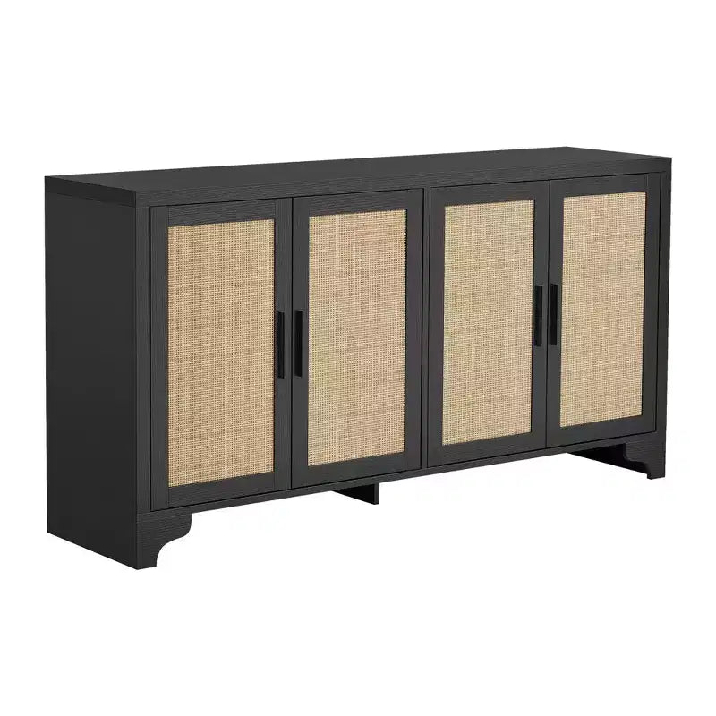 Buffet de salle à manger en rotin de 157 cm, meuble de rangement de cuisine à 4 portes avec étagères