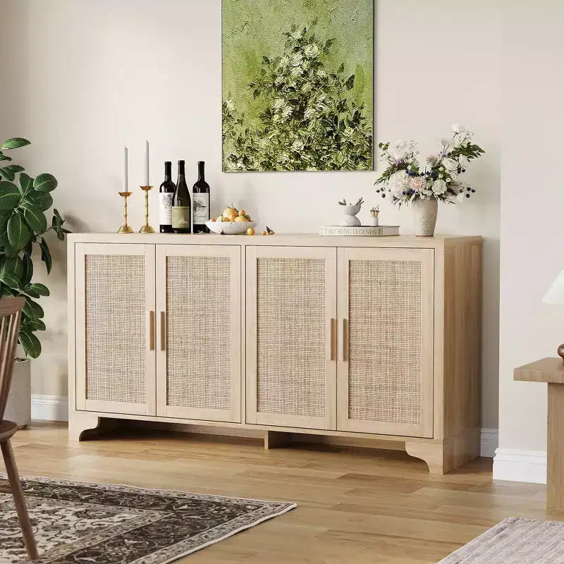 Buffet de salle à manger en rotin de 157 cm, meuble de rangement de cuisine à 4 portes avec étagères