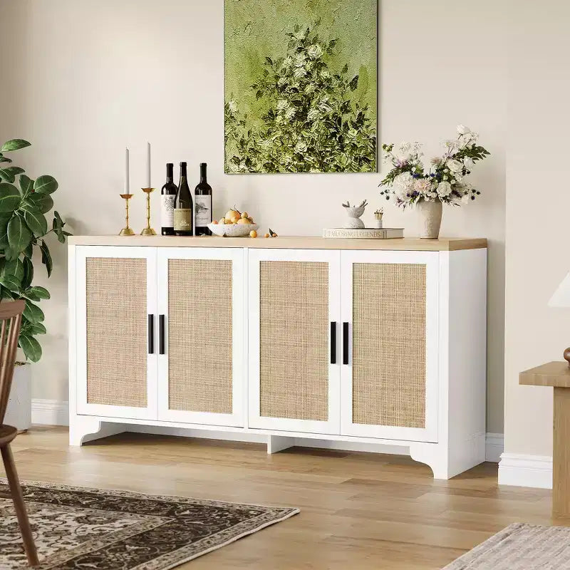 Buffet de salle à manger en rotin de 157 cm, meuble de rangement de cuisine à 4 portes avec étagères