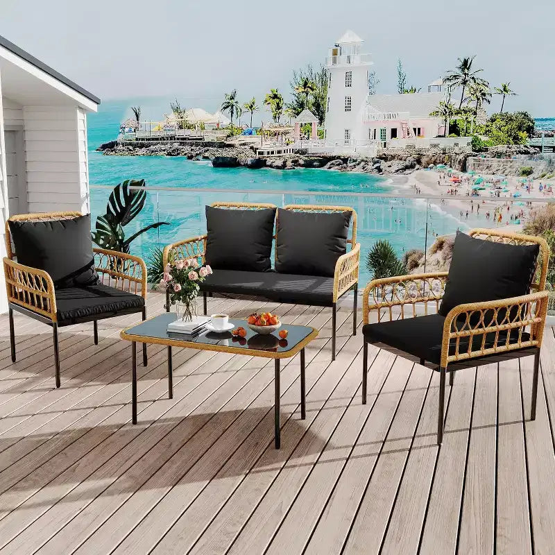 Set da conversazione da patio 4 pezzi, Set di mobili da esterno in vimini, 1 divanetto e 2 sedie e 1 tavolo, Set da conversazione Boho per patio, Nero