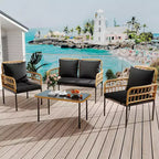 Set da conversazione da patio 4 pezzi, Set di mobili da esterno in vimini, 1 divanetto e 2 sedie e 1 tavolo, Set da conversazione Boho per patio, Nero
