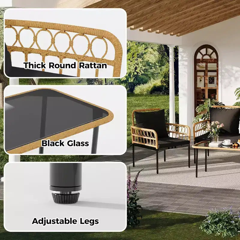 Set da conversazione da patio 4 pezzi, Set di mobili da esterno in vimini, 1 divanetto e 2 sedie e 1 tavolo, Set da conversazione Boho per patio, Nero