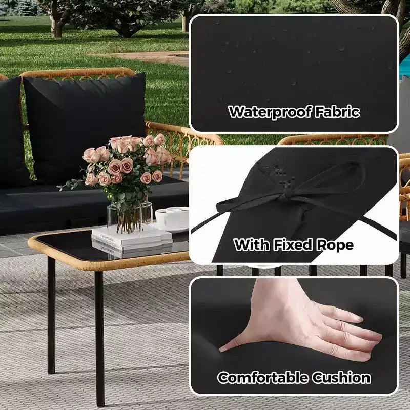 Set da conversazione da patio 4 pezzi, Set di mobili da esterno in vimini, 1 divanetto e 2 sedie e 1 tavolo, Set da conversazione Boho per patio, Nero