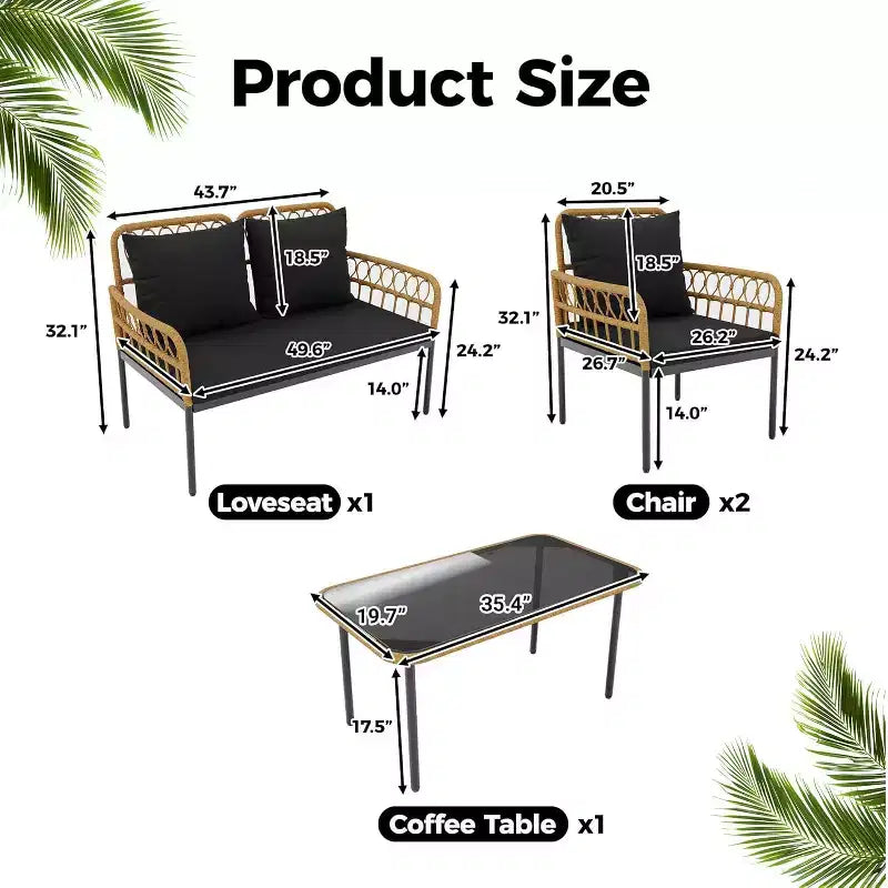 Set da conversazione da patio 4 pezzi, Set di mobili da esterno in vimini, 1 divanetto e 2 sedie e 1 tavolo, Set da conversazione Boho per patio, Nero