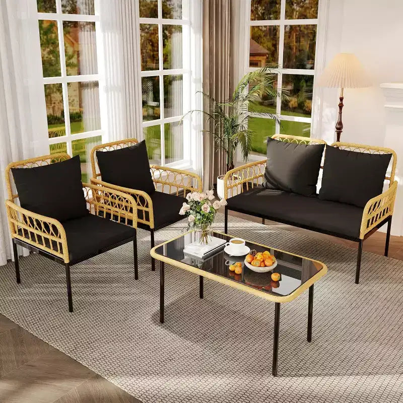 Set da conversazione da patio 4 pezzi, Set di mobili da esterno in vimini, 1 divanetto e 2 sedie e 1 tavolo, Set da conversazione Boho per patio, Nero
