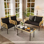 Set da conversazione da patio 4 pezzi, Set di mobili da esterno in vimini, 1 divanetto e 2 sedie e 1 tavolo, Set da conversazione Boho per patio, Nero