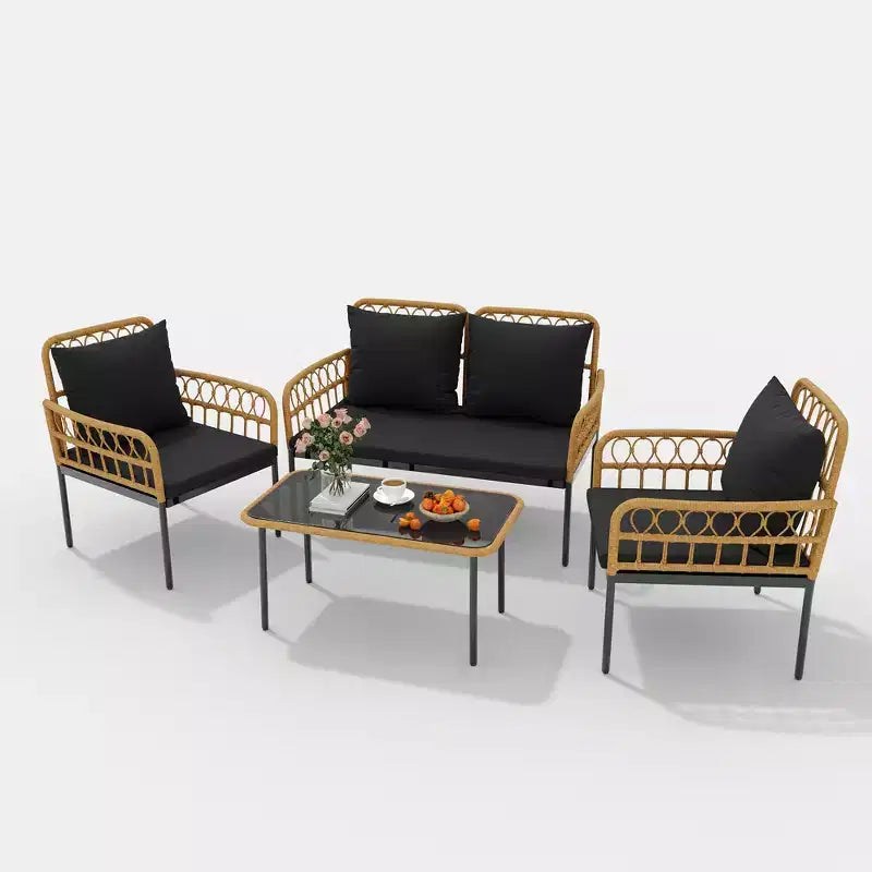 Set da conversazione da patio 4 pezzi, Set di mobili da esterno in vimini, 1 divanetto e 2 sedie e 1 tavolo, Set da conversazione Boho per patio, Nero