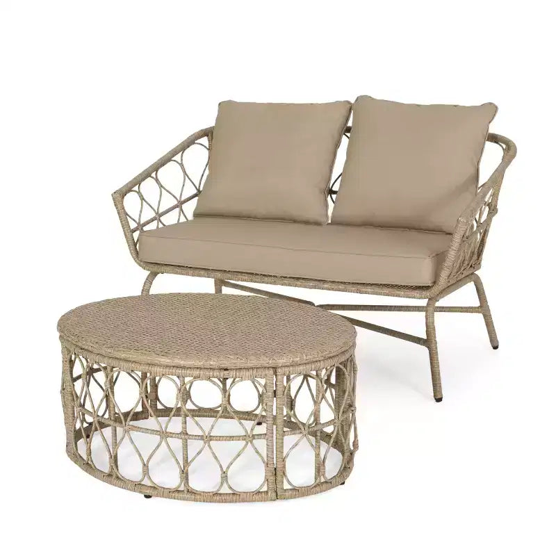Set divanetto e tavolino da caffè da esterno in vimini GDFStudio Colmar con cuscini, marrone chiaro/beige