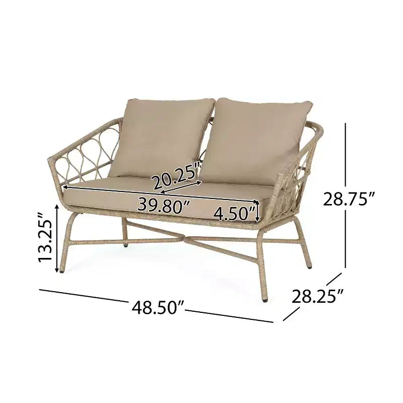 Set divanetto e tavolino da caffè da esterno in vimini GDFStudio Colmar con cuscini, marrone chiaro/beige