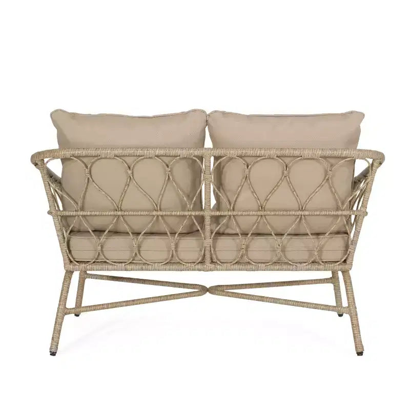 Set divanetto e tavolino da caffè da esterno in vimini GDFStudio Colmar con cuscini, marrone chiaro/beige