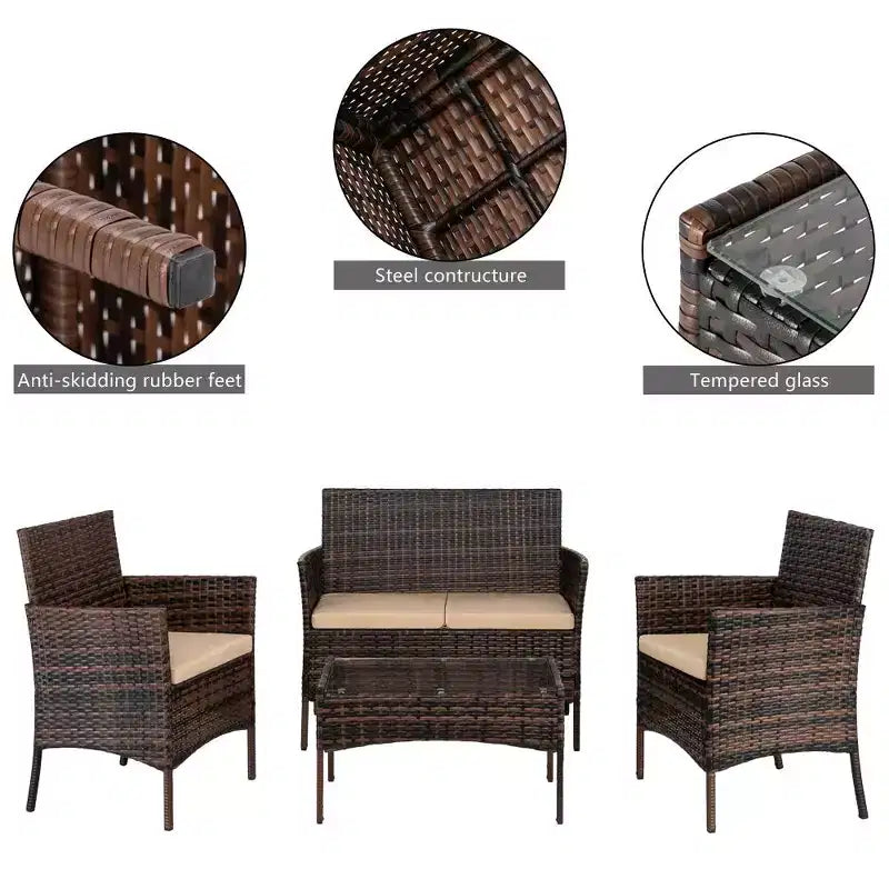 Karl Home Set da conversazione da esterno a 4 pezzi in vimini con cuscini beige