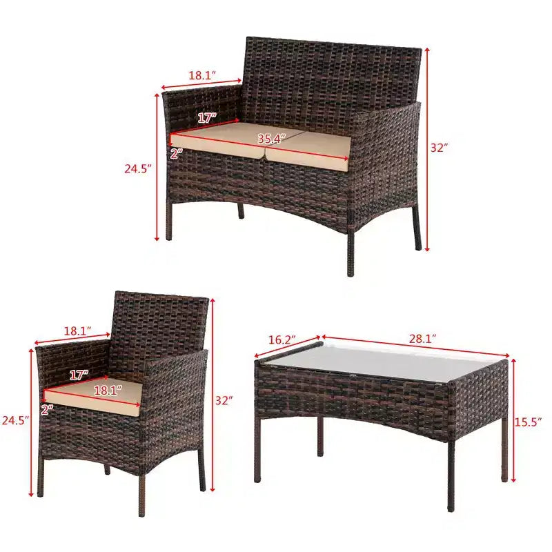 Karl Home Set da conversazione da esterno a 4 pezzi in vimini con cuscini beige