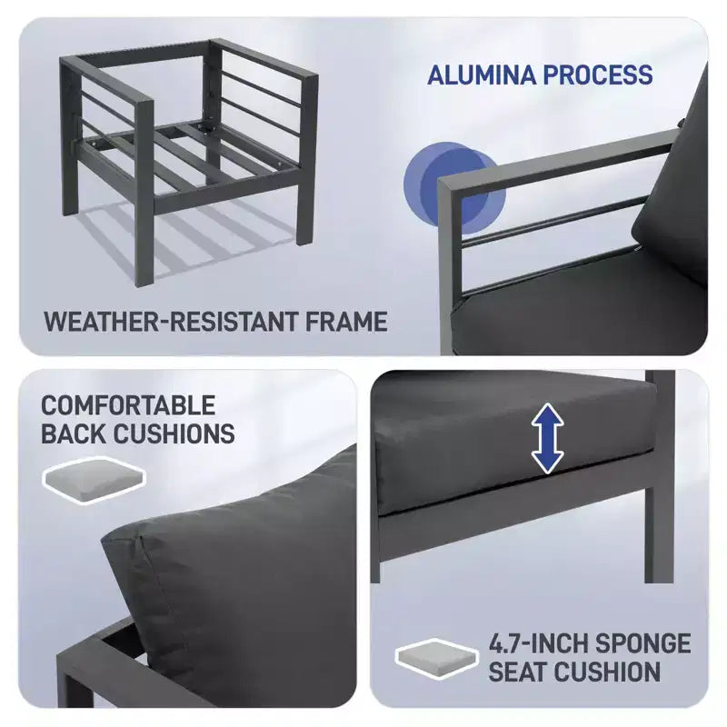 Karl Home Set da Conversazione da Esterno a 4 Pezzi in Alluminio Grigio Scuro con Cuscini Grigio Scuro