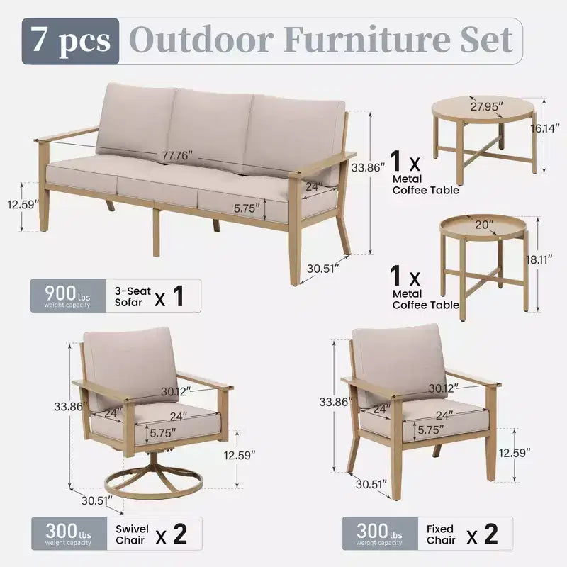 Captiva Designs Set Conversazione da Esterno 7 Pezzi con Schienale a Fasce Incrociate e Cuscini Spessi per Terrazzo, Giardino o Bordo Piscina