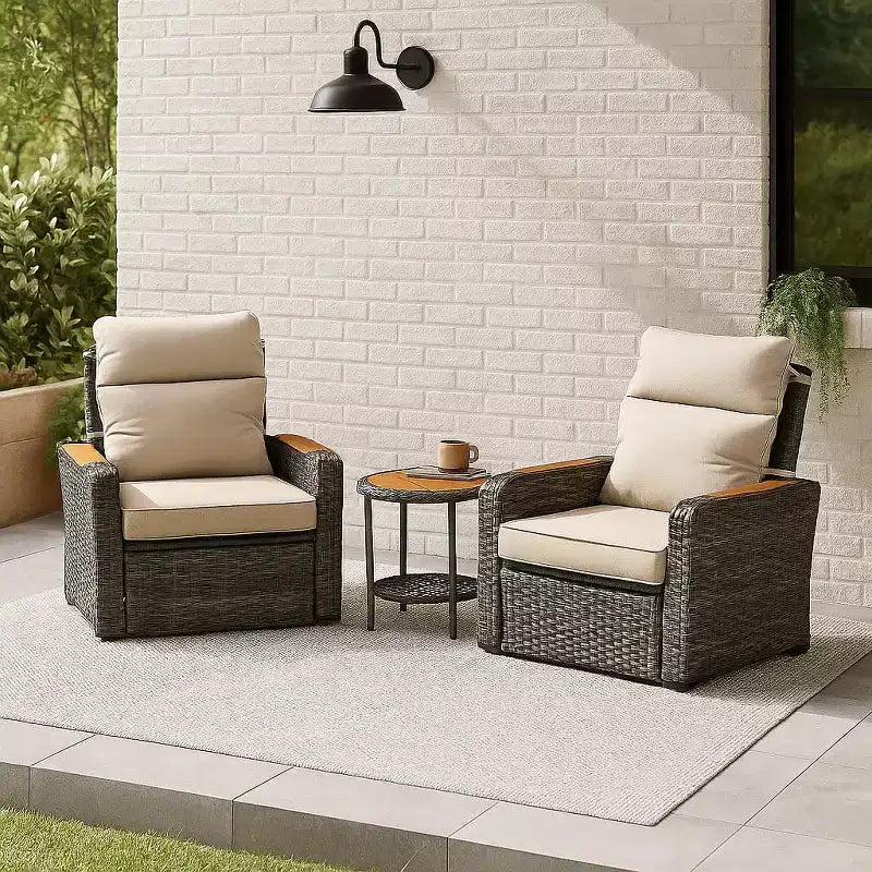 Teamson Home - Ensemble de 3 fauteuils inclinables en osier d'extérieur avec accoudoirs en bois et coussins