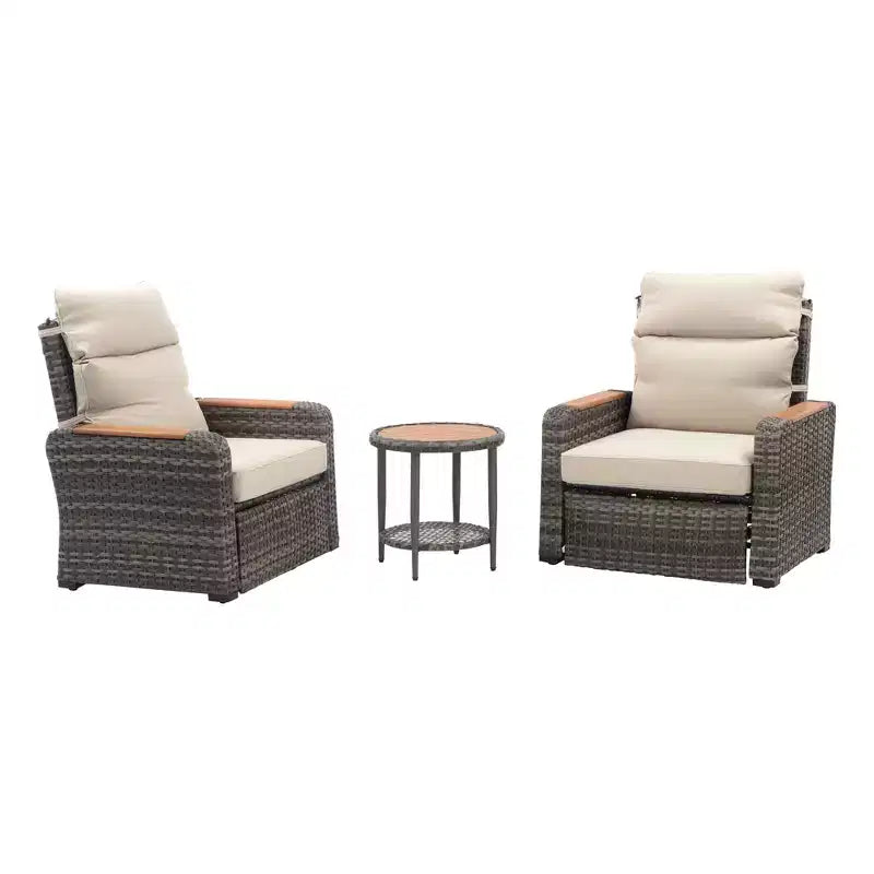 Teamson Home - Ensemble de 3 fauteuils inclinables en osier d'extérieur avec accoudoirs en bois et coussins