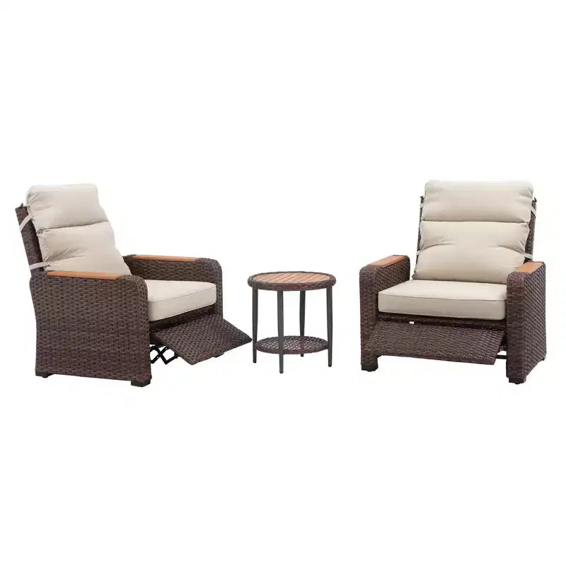 Teamson Home - Ensemble de 3 fauteuils inclinables en osier d'extérieur avec accoudoirs en bois et coussins