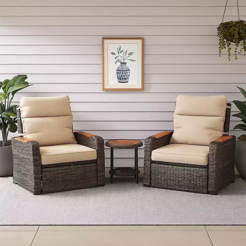 Teamson Home - Ensemble de 3 fauteuils inclinables en osier d'extérieur avec accoudoirs en bois et coussins