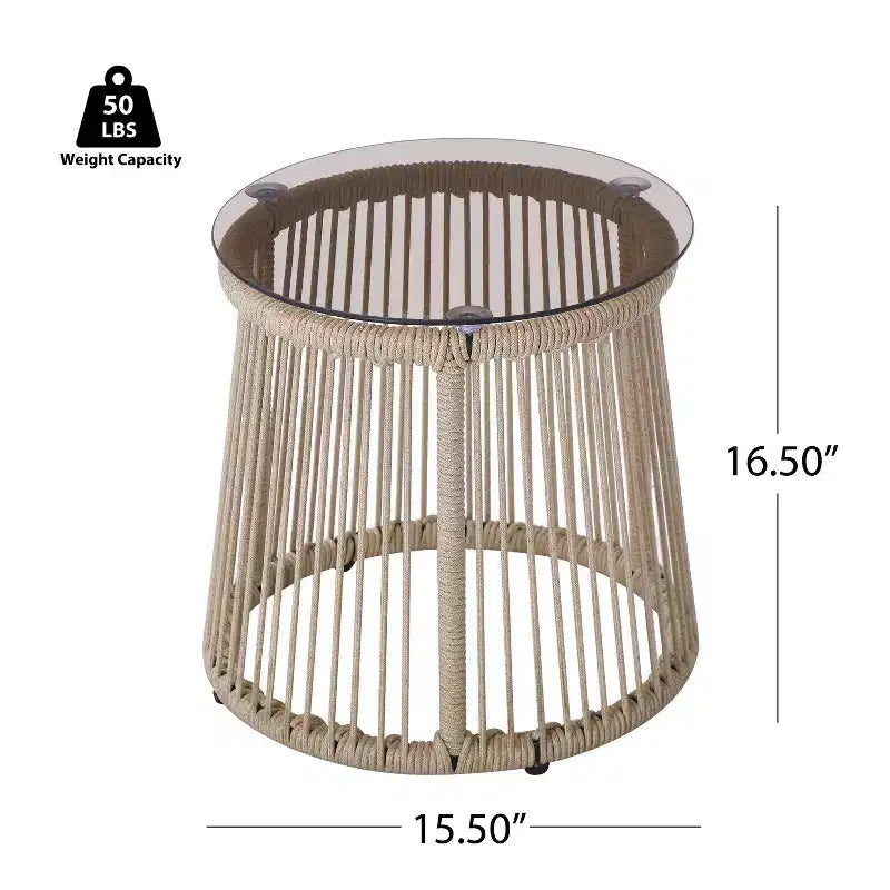 Christopher Knight Home Bobby Set da 3 Pezzi da Esterno in Corda Intrecciata, Vetro Temperato e Metallo con Sedute