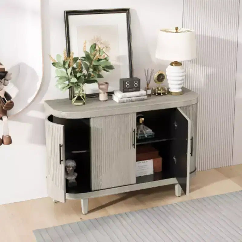 Credenza moderna a forma di arco, mobile contenitore decorativo da 120 cm, tavolino da ingresso in legno con 4 ante e ripiani interni regolabili