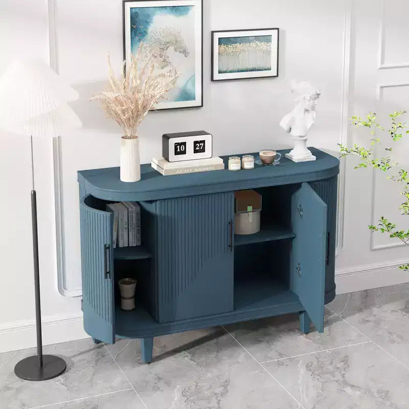 Buffet incurvé bleu de 120 cm, Meuble de rangement décoratif, Console en bois avec 4 portes et étagères intérieures réglables