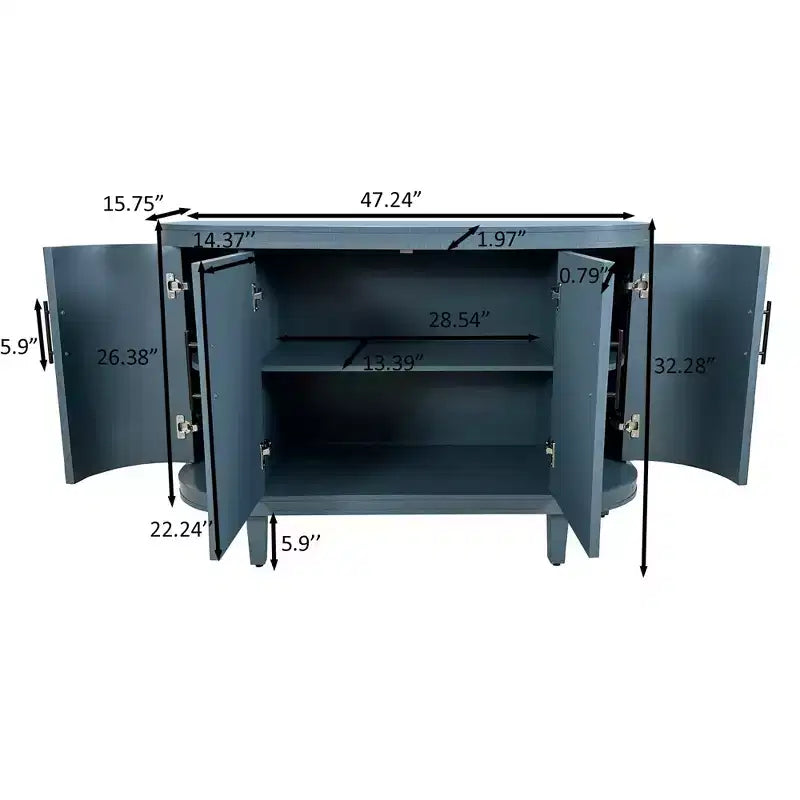 Buffet incurvé bleu de 120 cm, Meuble de rangement décoratif, Console en bois avec 4 portes et étagères intérieures réglables