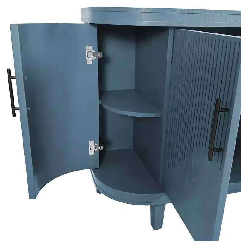 Buffet incurvé bleu de 120 cm, Meuble de rangement décoratif, Console en bois avec 4 portes et étagères intérieures réglables