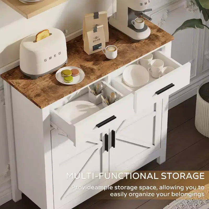 Meuble de rangement de cuisine blanc, buffet de ferme moderne avec rangement, bar à café avec 2 tiroirs et 2 portes