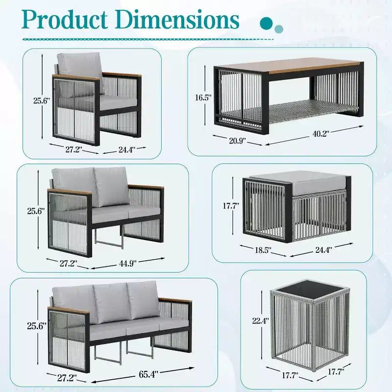 Set da conversazione EROMMY a 6 pezzi moderno da esterno, divano componibile con pouf e tavolino da caffè