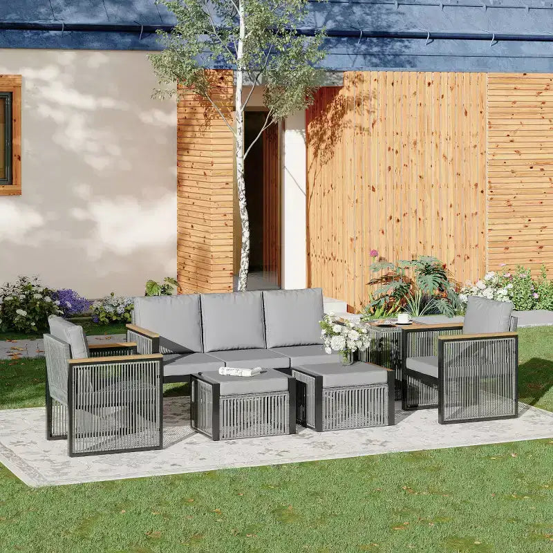Espace de discussion extérieur moderne EROMMY de 6 pièces avec canapé modulable, poufs et table basse