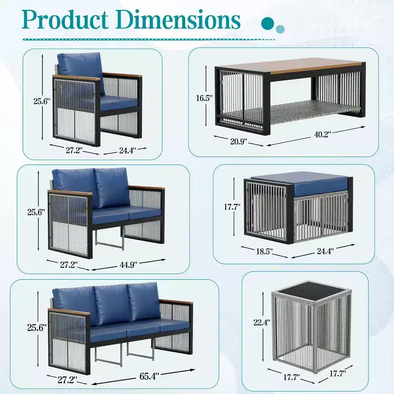 Ensemble de conversation d'extérieur moderne EROMMY 7 pièces avec canapé modulable, poufs et table basse