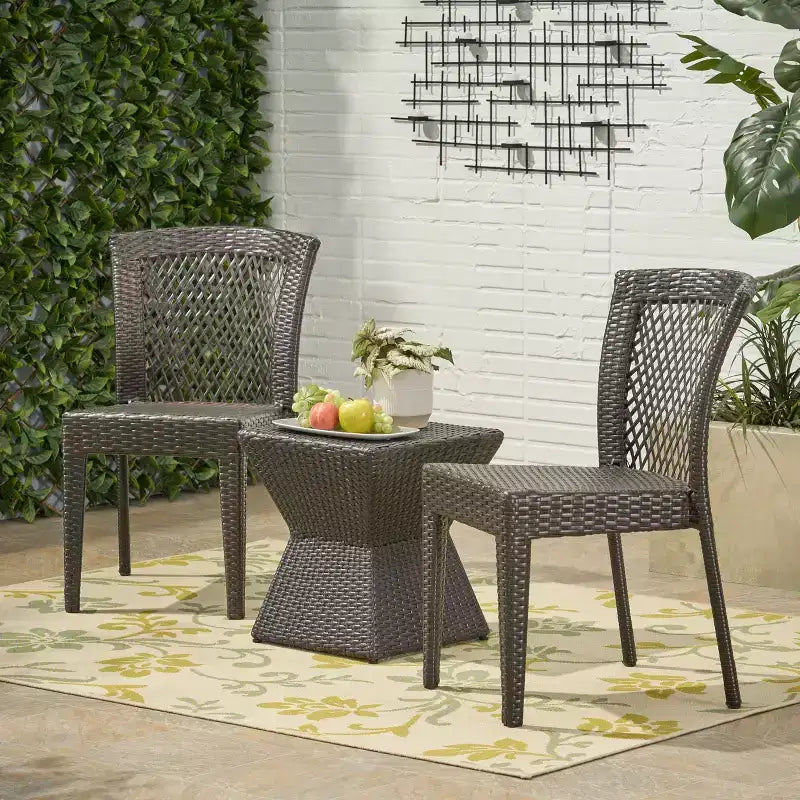 Christopher Knight Home Oleander, set da 3 pz. impilabile da conversazione con sedie in vimini per esterno, Marrone Scuro