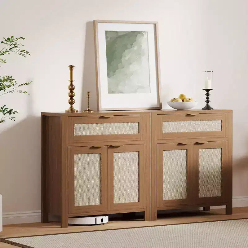 Meuble de rangement avec 2 portes et tiroir, grande table de bar à café, buffet en rotin avec étagères réglables, table de bar à café pour la cuisine