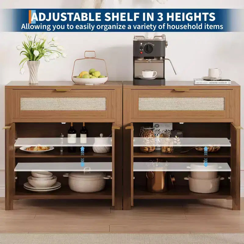 Meuble de rangement avec 2 portes et tiroir, grande table de bar à café, buffet en rotin avec étagères réglables, table de bar à café pour la cuisine