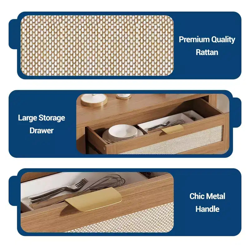 Meuble de rangement avec 2 portes et tiroir, grande table de bar à café, buffet en rotin avec étagères réglables, table de bar à café pour la cuisine