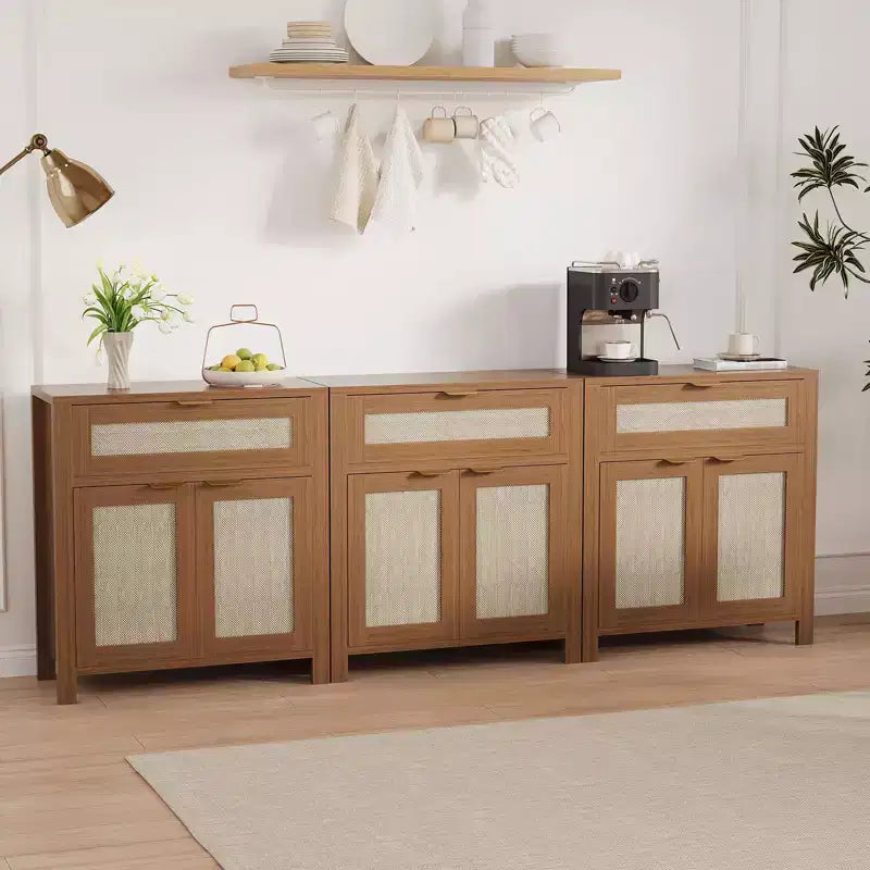 Meuble de rangement avec 2 portes et tiroir, grande table de bar à café, buffet en rotin avec étagères réglables, table de bar à café pour la cuisine