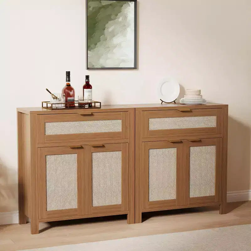 Meuble de rangement avec 2 portes et tiroir, grande table de bar à café, buffet en rotin avec étagères réglables, table de bar à café pour la cuisine