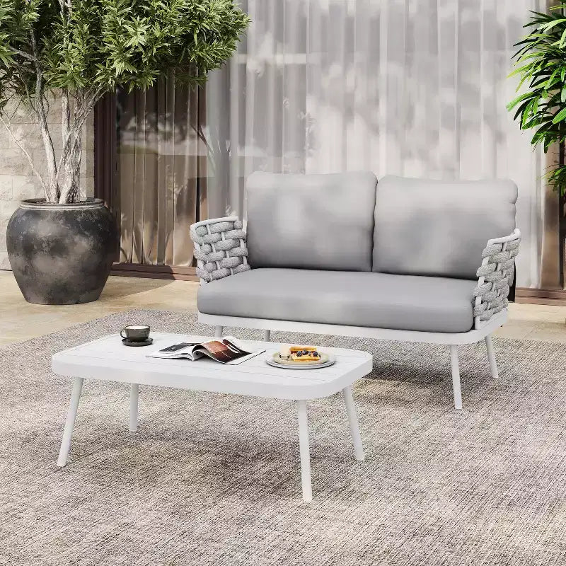 Christopher Knight Home Barbara Table basse moderne en métal et ensemble causeuse rembourrée d'extérieur