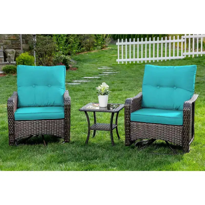 ALAULM Set 3 Pezzi Poltrone a Dondolo Girevoli da Giardino in Rattan - Poltrone a Dondolo Girevoli da Esterno con 1 Tavolino da Caffè in Rattan