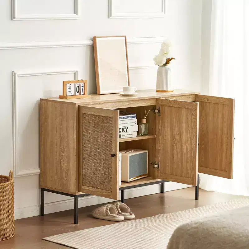 Mobile in Rattan VEVOR, Mobile Contenitore in Rattan con 3 Ante Magnetiche e Ripiani Regolabili, Credenza a Buffet per Corridoio, Ingresso
