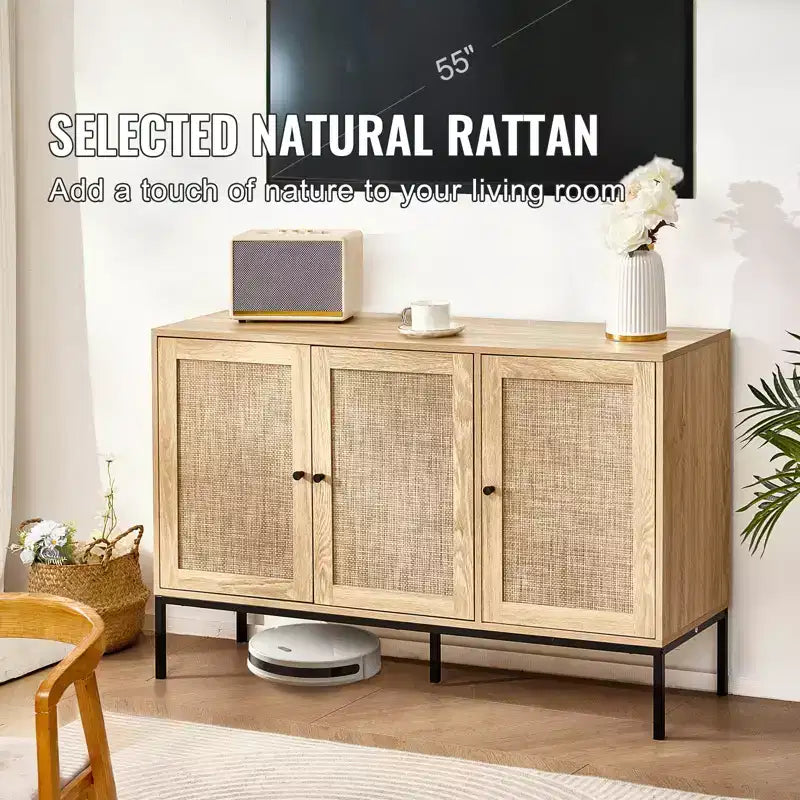 Mobile in Rattan VEVOR, Mobile Contenitore in Rattan con 3 Ante Magnetiche e Ripiani Regolabili, Credenza a Buffet per Corridoio, Ingresso