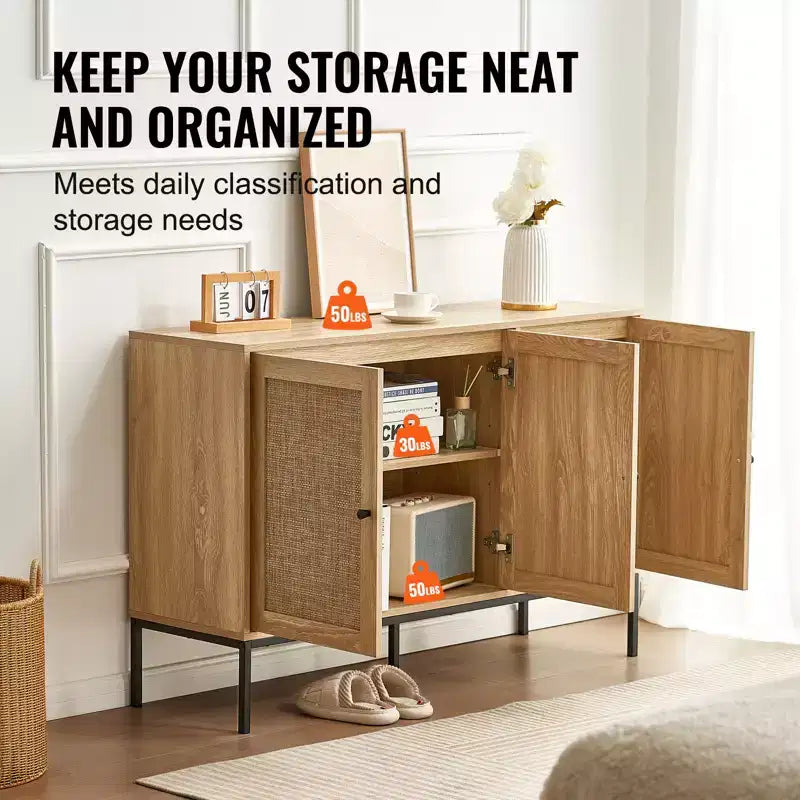 Mobile in Rattan VEVOR, Mobile Contenitore in Rattan con 3 Ante Magnetiche e Ripiani Regolabili, Credenza a Buffet per Corridoio, Ingresso